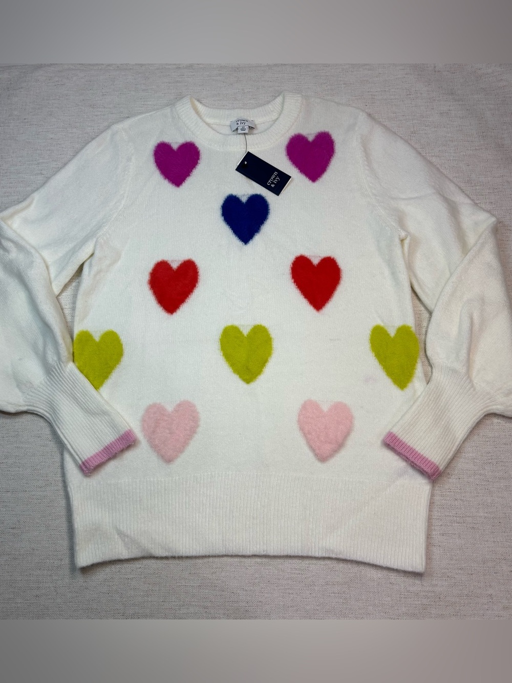 Crown & Ivy women M Crewneck Sweater Multicolor Heart Motifs balloon sleeves